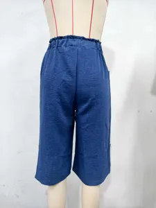 Solid color casual loose women cropped pants high waist elastic waistband linen style detail.