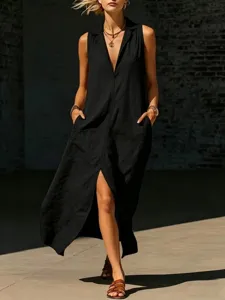 Dames mouwloos overhemdkraag voorsplit zakken lange jurk zwart mode casual zomerkleding
