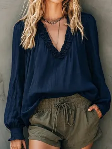 Chic long sleeve ruffle V-neck blouse detail, elegant lantern sleeve casual top for women.