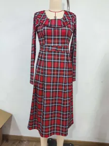 Damen Herbst Winter Rot kariertes Langarm Kleid Vintage Lässiges Elegantes Maxi Kleid