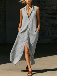 Vrouwen casual mouwloze revers split zak maxi jurk zomer lange jurk lichtgrijs