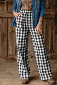Women's black and white checkered loose casual straight trousers with drawstring waist.