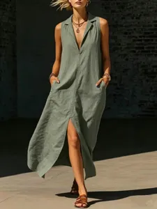 Dames mouwloze revers split zakken maxi jurk casual zomer lange jurk in het groen
