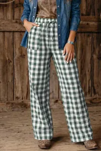 Green white plaid loose casual straight trousers detail showing comfortable fabric and fit.