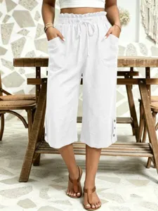 White casual cropped pants for women, high waist drawstring linen trousers with pockets.