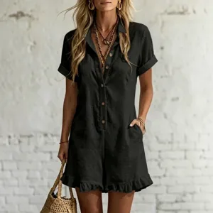 Women casual black short sleeve romper jumpsuit with lapel collar and front buttons main view.
