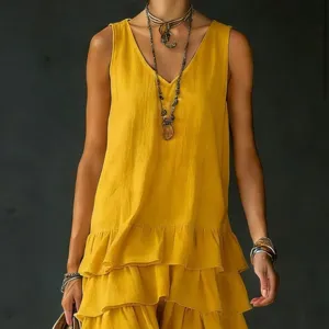 Estate casual donne giallo scollo a V senza maniche volant a balze abito chic largo.