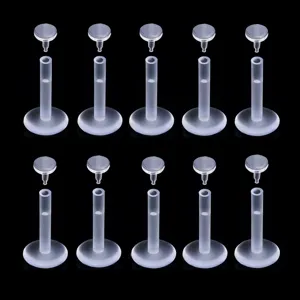 Clear bioflex labret stud piercing retainers detail showing detachable top and stem structure.