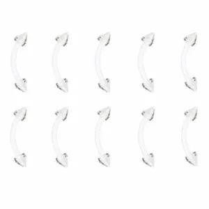 Clear acrylic curved barbell retainer for body piercing, 16G eyebrow and ear jewelry detail view.