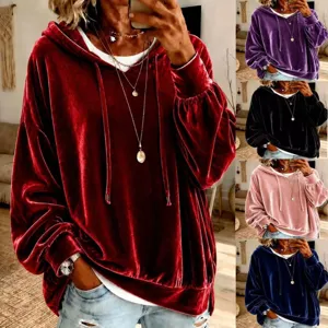 Samt Kapuzenpullover Detailansicht, bequemer lässiger Langarm Pullover mit Kordelzug für Damen.
