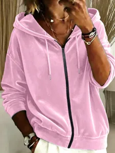 Damen rosa Samt Kapuzenpullover Lässige Langarm Sweatjacke mit Reißverschluss und Kordelzug.