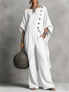Damen unregelmäßige Linen Optik Hemd und weite Hosen Set Detailansicht Freizeitkleidung
