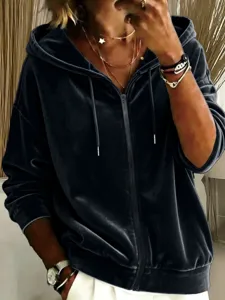 Detailansicht Damen einfarbiger Samt Kapuzenpullover mit Reißverschluss und Kordelzug.