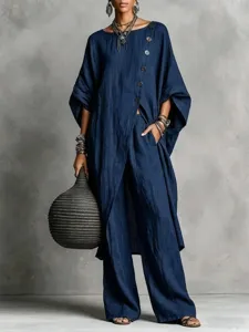 Schickes asymmetrisches blaues Leinen-Zweiteiler Set für Damen lose Bluse weite Hose