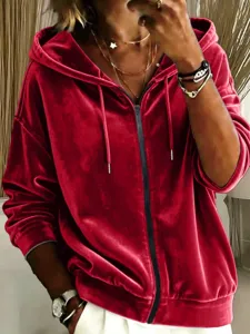 Damen roter Samt Kapuzenpullover mit Reißverschluss und Kordelzug Langarm Sweatshirt.