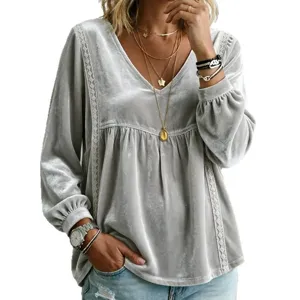 Donna velluto scollo V maniche lunghe camicetta casual ampia pizzo dettaglio top
