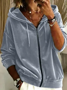 Damen Samt Kapuzenpullover Langarm Reißverschluss Freizeit Einfarbig Sweatshirt