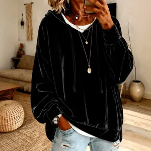 Schwarzer Samt Kapuzenpullover Kordelzug Freizeit lose lange Aermel Damen Top Mode