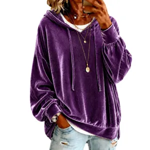 Lila Samt Hoodie für Damen, lässiger Langarm Kapuzenpullover mit Kordelzug Oberteil.