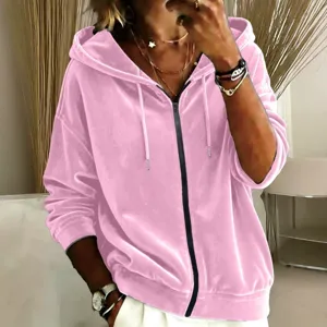 Damen Rosa Samt Reißverschluss Kapuzenpullover Lässige Langarm Kordelzug Sweatjacke