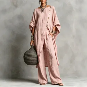 Damen elegante rosa asymmetrische Leinen Tunika und Hosen Set, lässiges urbanes Mode Outfit.