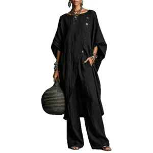 Damen schwarzes asymmetrisches Knopftunika-Oberteil und Hose Set Freizeit urban Mode Outfit