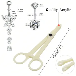 Set de piercing para ombligo con pinza y anillo de mariposa de cristal y guía de tallas.