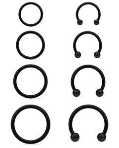 Schwarzes Edelstahl Piercing Set, Segmentringe und Hufeisenringe fuer Koerperschmuck.