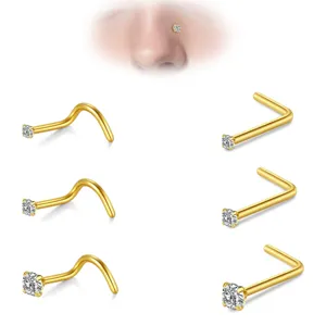 Goldfarbener Edelstahl Zirkonia Nasenpiercing L-Form Schraub Nasenstecker Körperschmuck