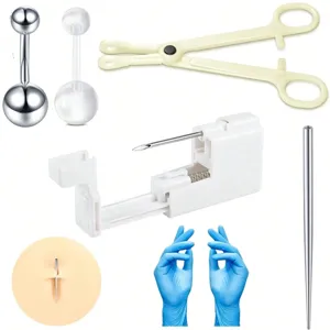 Kit de piercing para ombligo con pistola, anillos de acero quirúrgico y guantes.