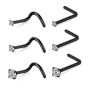 Detailaufnahme schwarzer Edelstahl Nasenstecker mit Zirkonia Steinen in L- und S-Form Varianten.