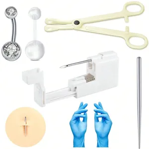 Kit de piercing para ombligo de 6 piezas con anillos de acero quirúrgico y herramienta.
