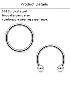Chirurgenstahl Körperpiercing Schmuck Detail, inklusive Segmentring und Hufeisenring.