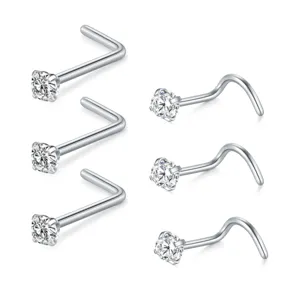 Detailansicht Edelmstahl Zirkonia Nasenstecker, L-förmig und gebogene Nasenring Schmuckstücke.