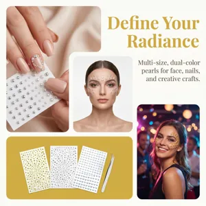 Detailed view of self-adhesive face pearls and body rhinestones with tweezers in party setting.