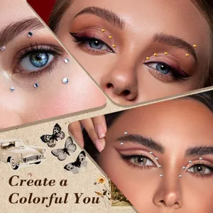 Close-up shots of face rhinestone stickers and pearl gems for creative eye makeup and body art.