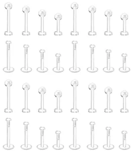 Clear plastic body piercing retainers, transparent acrylic labret studs and cartilage jewelry details.