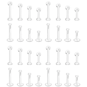 Clear acrylic body piercing retainer set, versatile labret studs and cartilage earrings.
