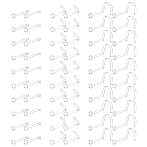 Clear acrylic nose studs retainers set detail view showing straight and curved piercing shapes.