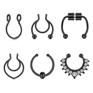 Set di 6 anelli per setto finto nero, gioielli per piercing al naso a ferro di cavallo.