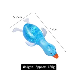 Detailansicht des blauen Glitzer-Enten-Quetschspielzeugs mit 17 cm Länge und 135 g.