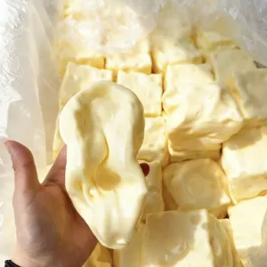 Detailansicht eines ultraweichen TPR Käse-Quetschspielzeugs in der Hand für Textur