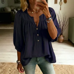 Donne Casual Scollo a V Manica Tre Quarti Tinta Unita Largo T-Shirt Estate Base Moda Patchwork Top Blusa