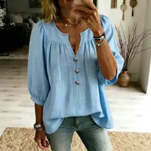 Donna Estate Casual Scollo V Bottone Largo Manica Tre Quarti Camicetta Top Blu