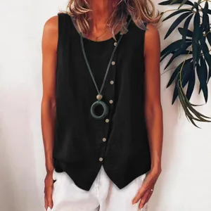 Donna casual senza maniche bottone canotta largo girocollo estate nero gilet camicia top