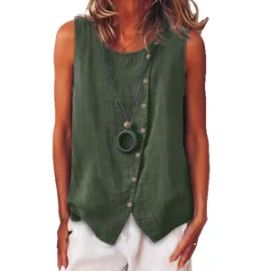 Donna casual senza maniche bottone canotta tinta unita collo rotondo estate top moda