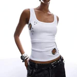 Women white ribbed tank top with metal eyelets streetwear slim fit summer casual top