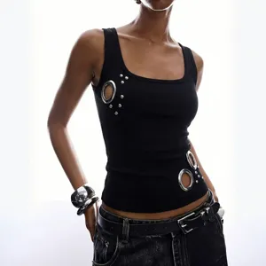 Women Black Ribbed Tank Top Summer Streetwear Metal Grommet Slim Fit Casual Sleeveless Shirt