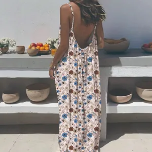 Women floral maxi dress backless spaghetti strap long dress summer beach casual slip dress