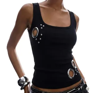 Black ribbed sleeveless tank top featuring edgy metal grommets and studs for women summer.